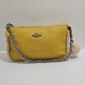 NWT Coach Yellow Pebbled Leather Mini Wristlet with Shearling Accents